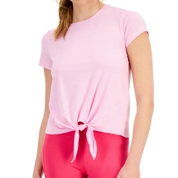 Ideology Tie Front Short Cap Sleeve Solid Pink T Shirt Crew Neck Small Pullover - Picture 1 of 9